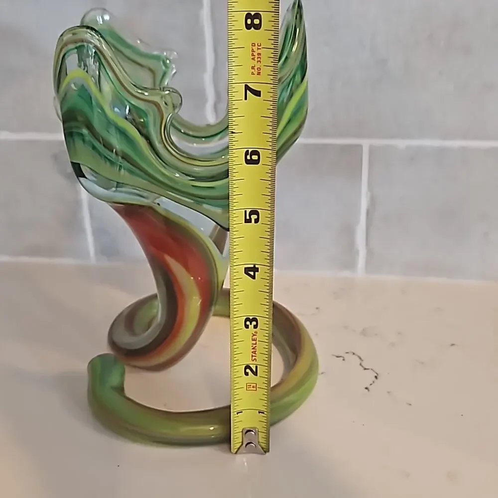 Vintage Green and Brown Hand Blown Spiral Art Glass Vase - 8
